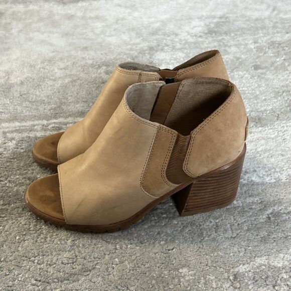 Sorel Nadia Ankle Booties Womens 7 Stacked Block Heel Peep Toe Leather Beige - Picture 1 of 10